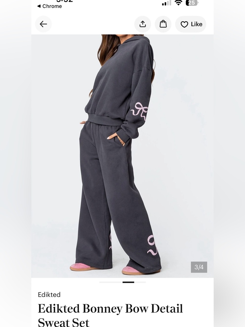 Edikted Charcoal Wide-Leg Sweat Jumpsuit with Pink Bow Accents